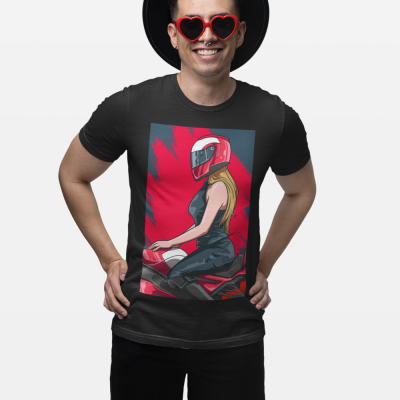 Stylish Red Helmet Biker Girl Graphic T-Shirt